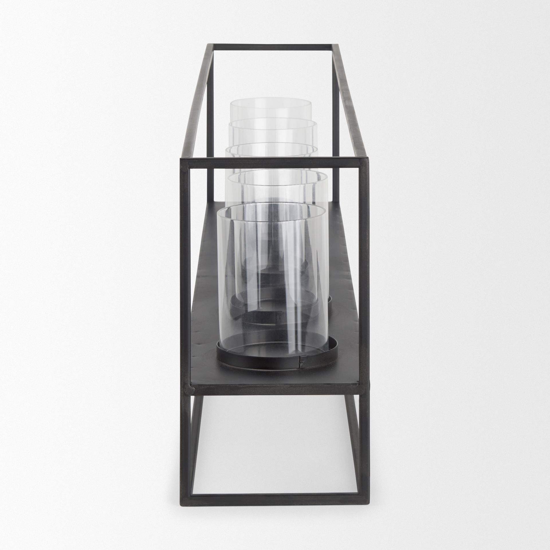 Cindy 5 Candle Matte Black Metal Hurricane Glass Tabletop Candle Holder, Candles & Candle Holder by Mercana, 26.97" length x 4.92" width x 9.06" height View 4