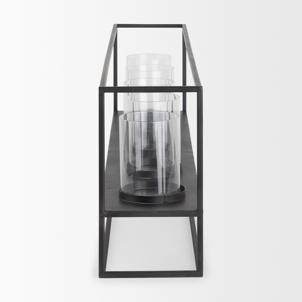 Cindy 5 Candle Matte Black Metal Hurricane Glass Tabletop Candle Holder, Candles & Candle Holder by Mercana, 26.97" length x 4.92" width x 9.06" height View 4