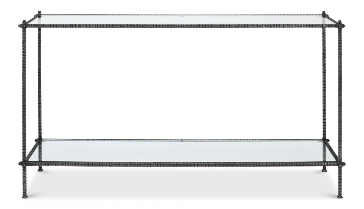 Hand Chased Iron Console Tble, Glass Top, Console Table by Sarreid, 60" length x 16" width x 33" height View 2