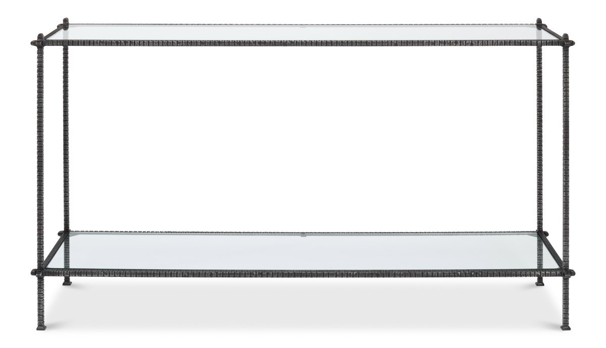 Hand Chased Iron Console Tble  Glass Top, by Sarreid, 1'4" length x 5' width x 2'9" height View 2