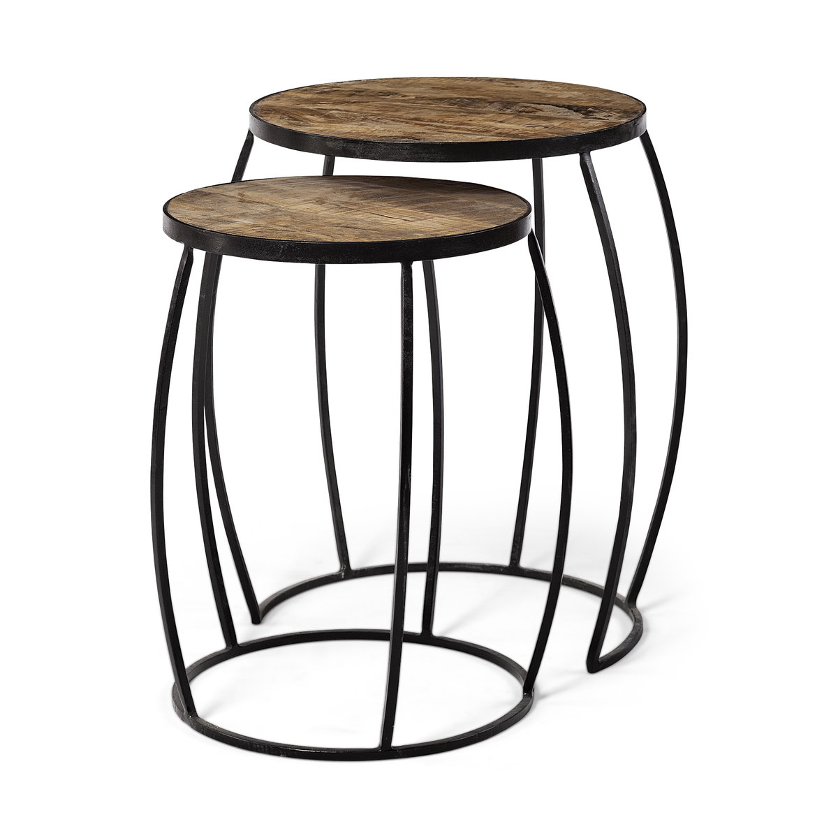 Clapp IV (Set of 2) 20L x 20W Brown Round Wood Top with Black Iron Frame Nesting Accent Tables, Side & End Table by Mercana, 20" length x 20" width x 26" height View 1
