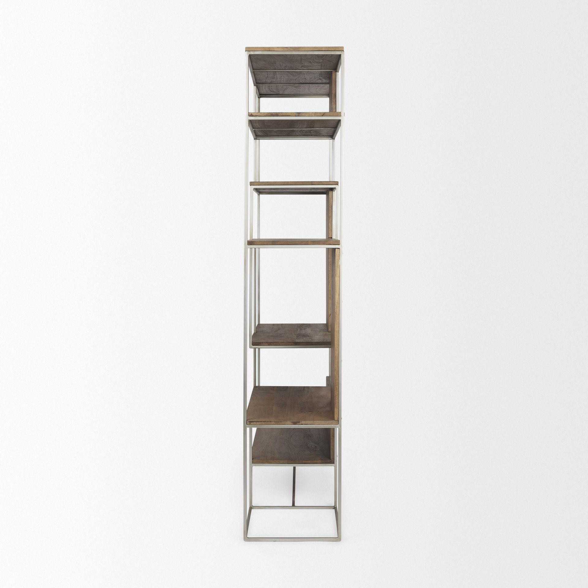 Morris III 47.25 X 15 X 75.5  Brown Wood and Silver Metal Frame 6 Shelf Shelving Unit, Shelving & Bookcase by Mercana, 47.25" length x 15" width x 75.5" height View 5