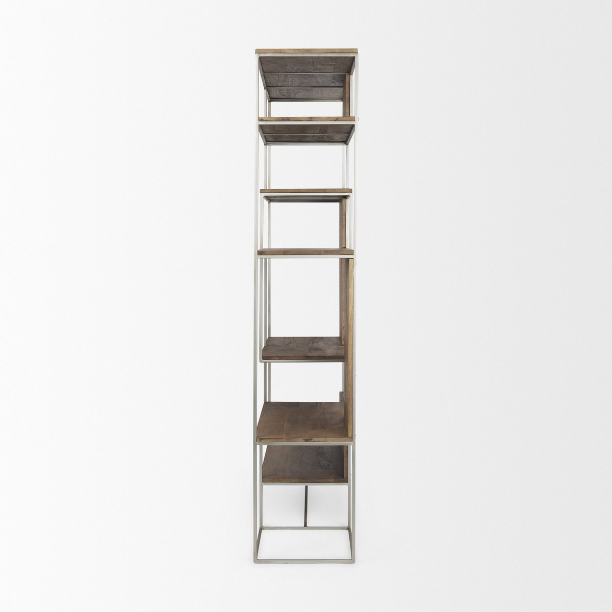 Morris III 47.25 X 15 X 75.5  Brown Wood and Silver Metal Frame 6 Shelf Shelving Unit, Shelving & Bookcase by Mercana, 47.25" length x 15" width x 75.5" height View 5