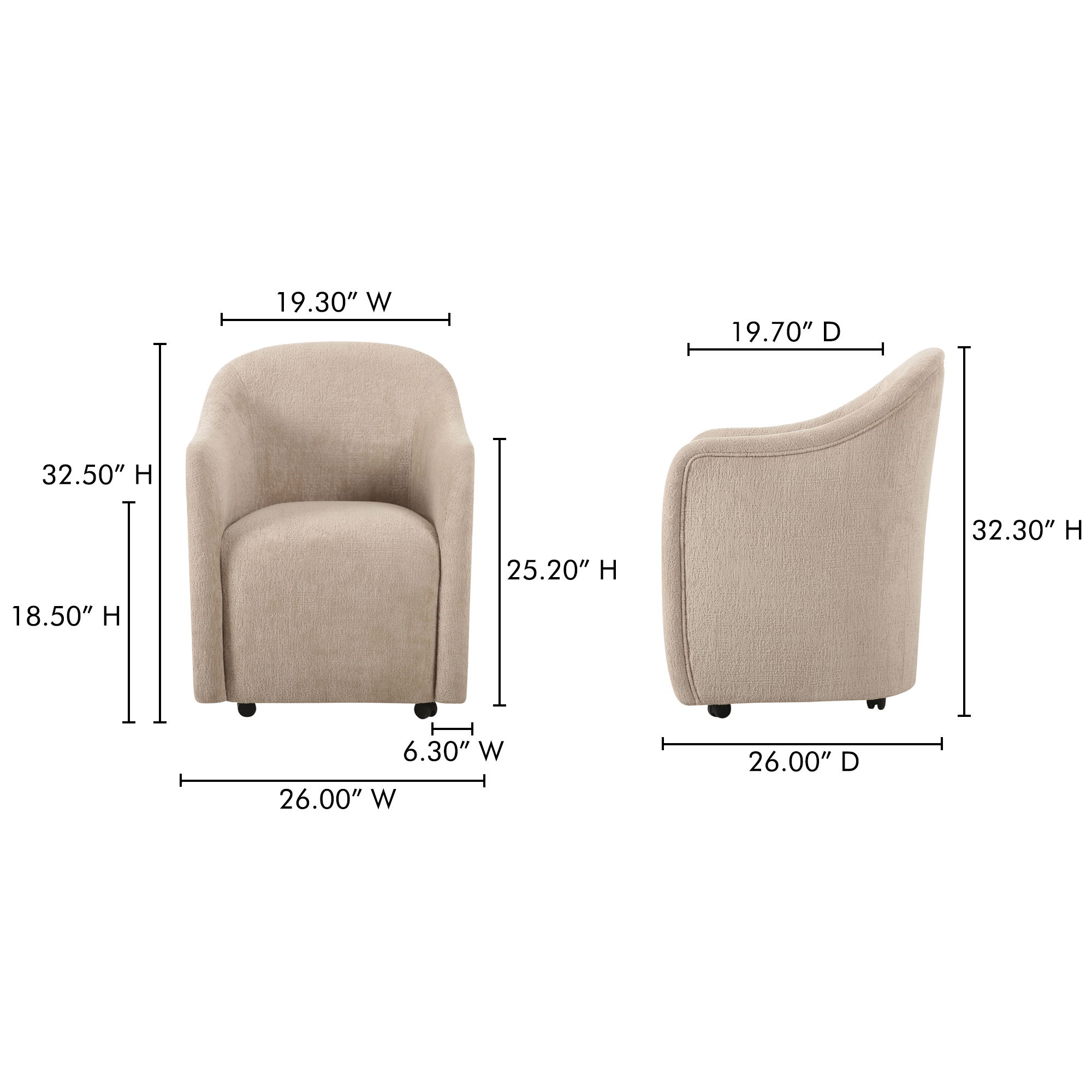 Drava Rolling Dining Chair Beige, by Moe's Home, 26" width x 32.5" height x 26" depth View 12