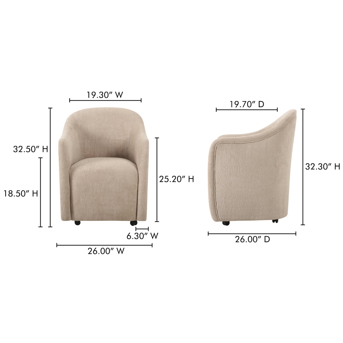 Drava Rolling Dining Chair Beige, by Moe's Home, 26" width x 32.5" height x 26" depth View 12