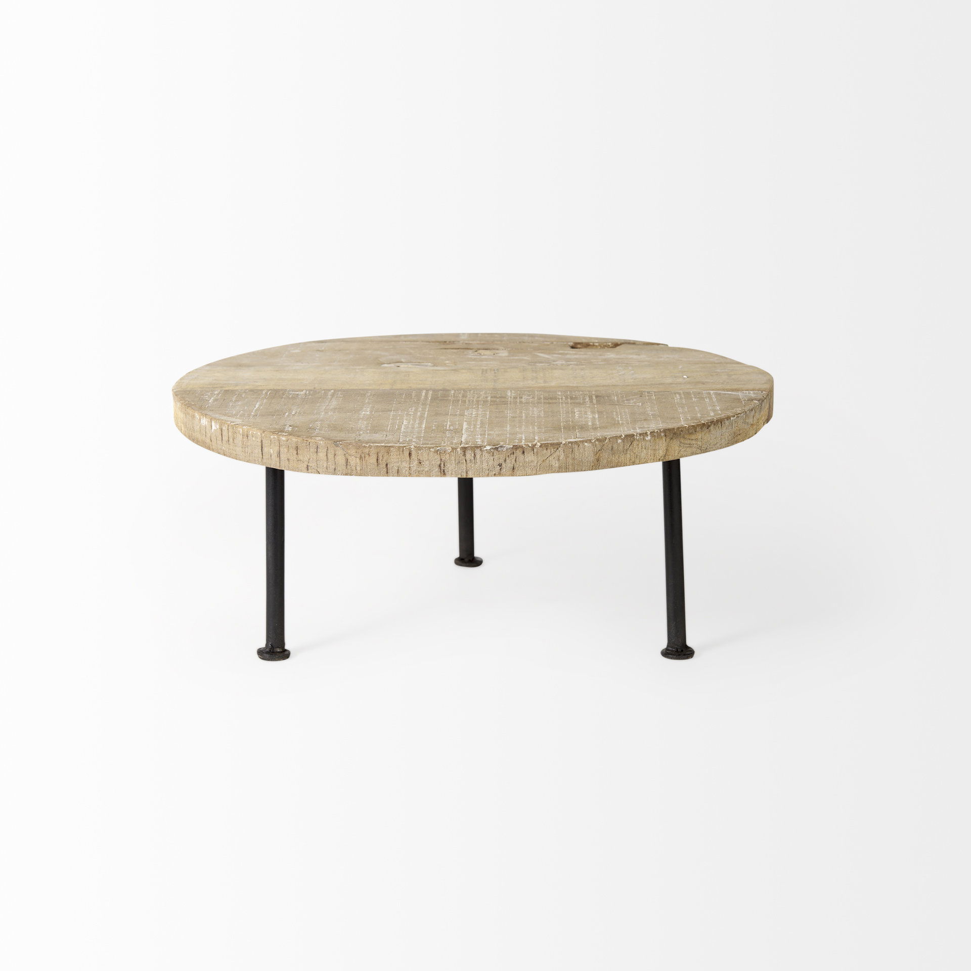 Cedric 15L x 15W x 6H Round Light Brown Wood with Black Metal Legs Decorative Display Stand, Decorative Tray by Mercana, 15" length x 15" width x 6" height View 3