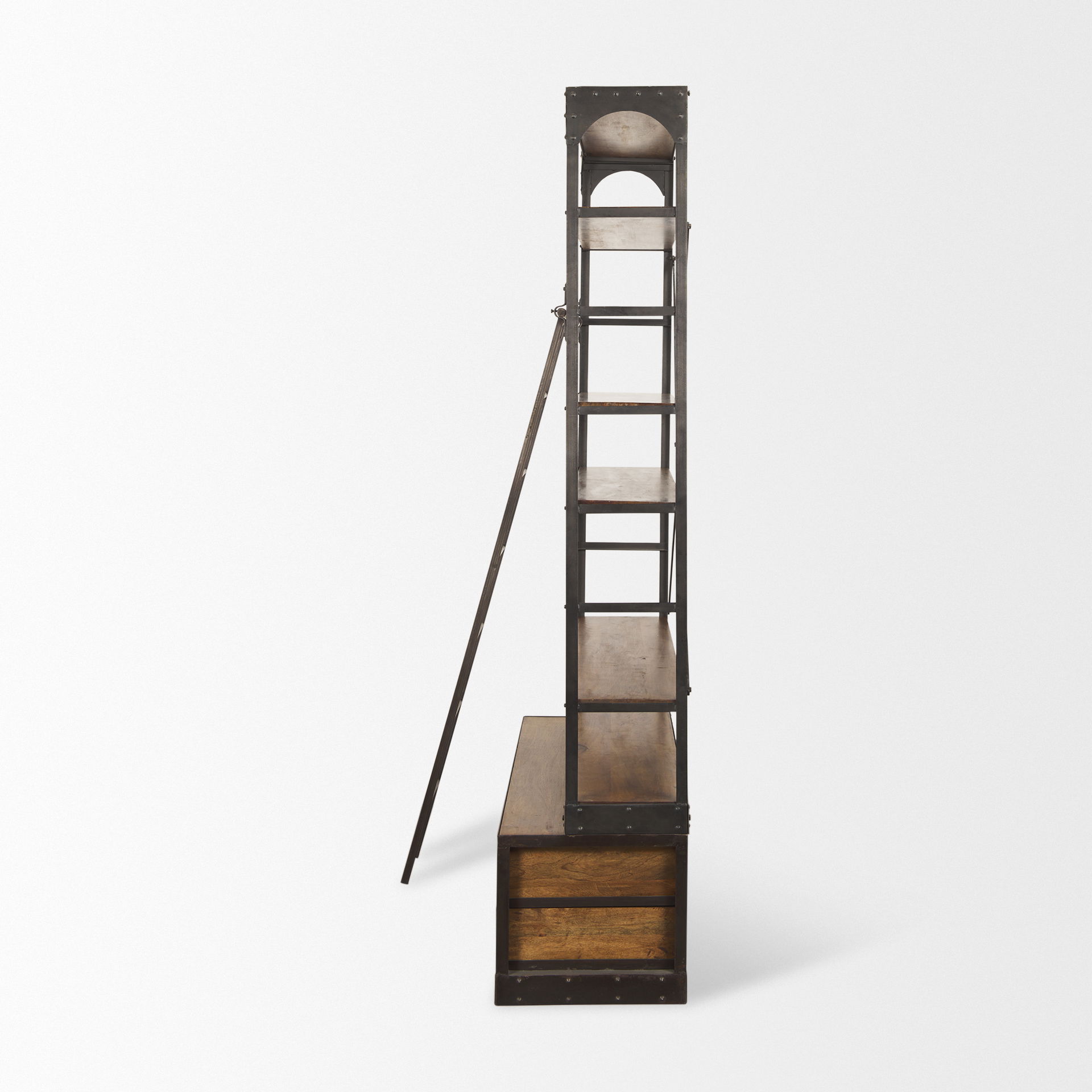 Brodie II Medium Brown Wood Black Ladder Four Shelf Shelving Unit 57L x 20.5W x94H, Shelving & Bookcase by Mercana, 57" length x 19.5" width x 94" height View 4