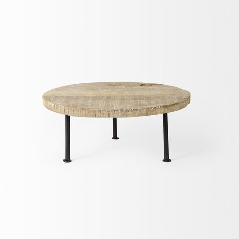 Cedric 15L x 15W x 6H Round Light Brown Wood with Black Metal Legs Decorative Display Stand
