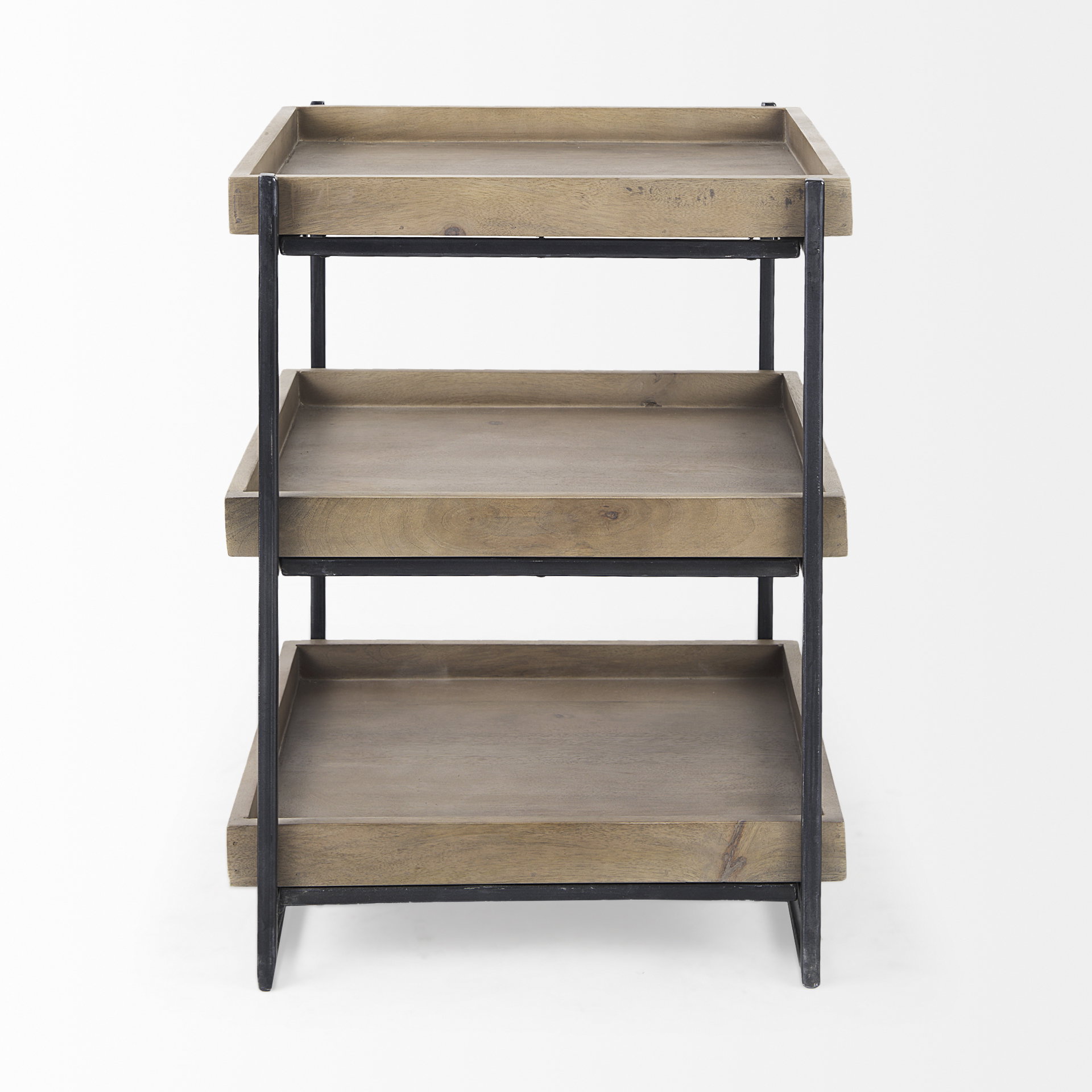 Trey III 20' x 26' Square Medium Brown Wooden Three-Tiered Black Iron Frame End/Side Table, Side & End Table by Mercana, 20" length x 20" width x 26" height View 6