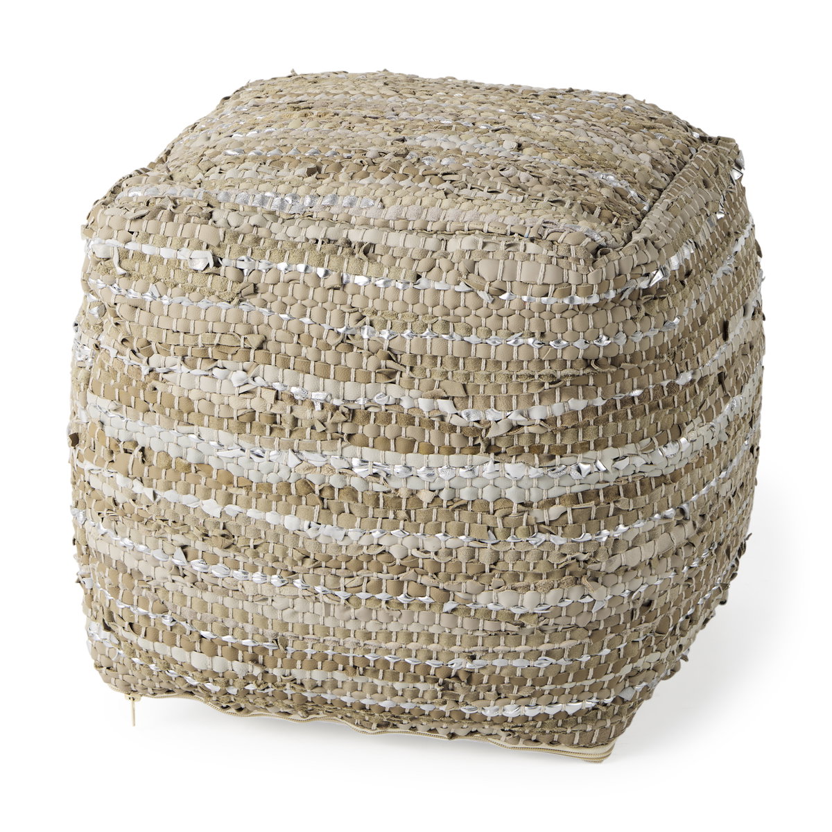 Aadhya  Taupe/Silver Leather and Cotton Pouf, Ottoman by Mercana, 16" length x 16" width x 16" height View 1