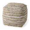 Aadhya  Taupe/Silver Leather and Cotton Pouf, Ottoman by Mercana, 16" length x 16" width x 16" height thumbnail 1