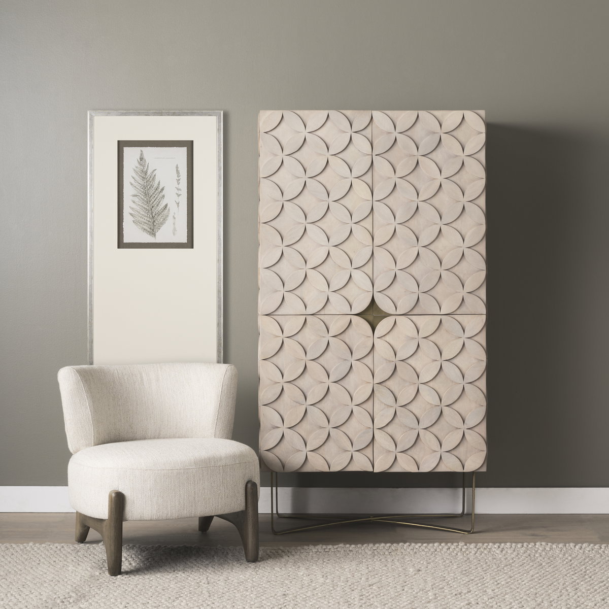 Excelsior II 68.1' H Light Brown Wood Gold Iron Base Storage Cabinet, Cabinets & Sideboard by Mercana, 36.22" length x 18.25" width x 66" height View 2