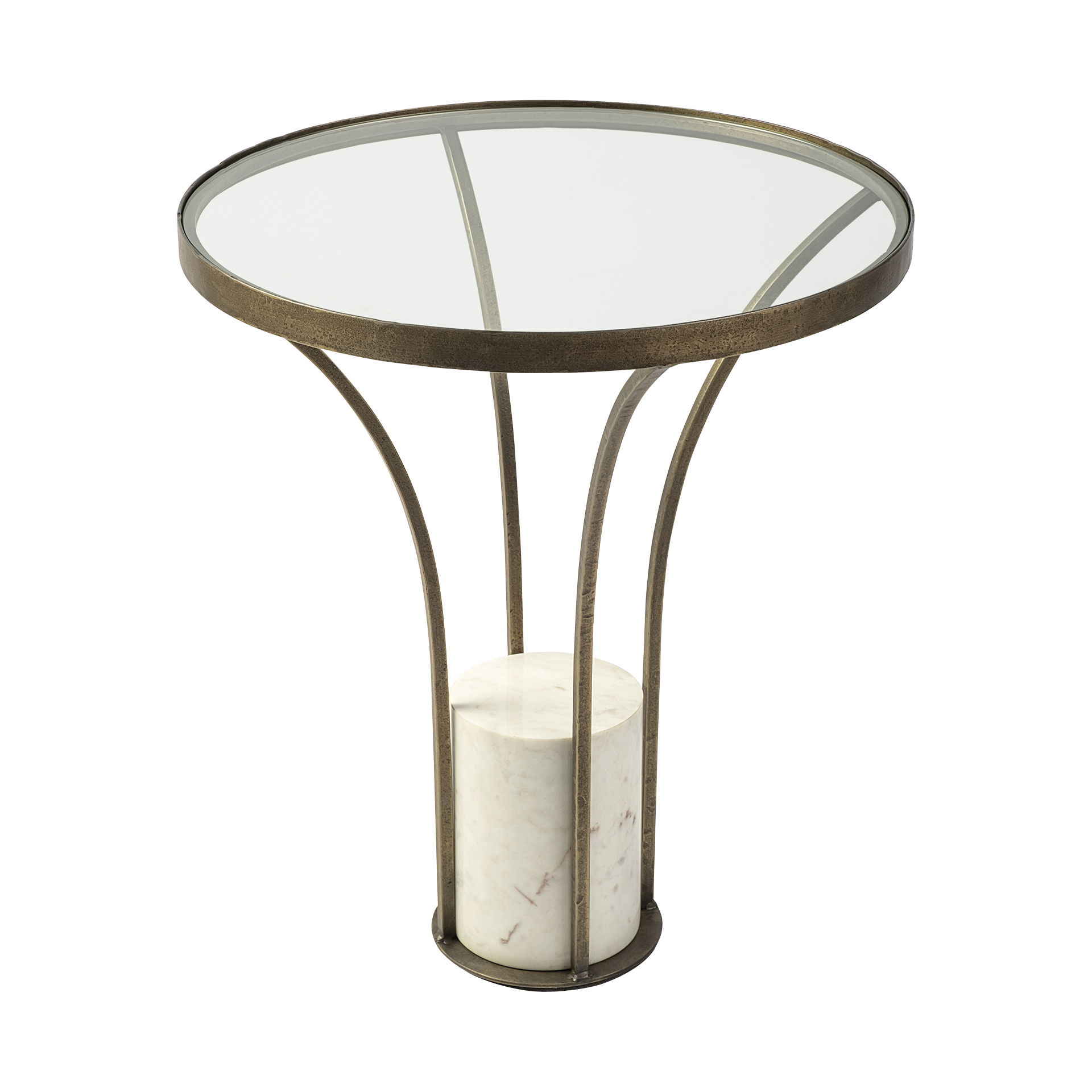 Jacinta II 21' Round Glass Top Metal and Marble Pedestal End/Side Table, Side & End Table by Mercana, 21" length x 21" width x 24" height View 1