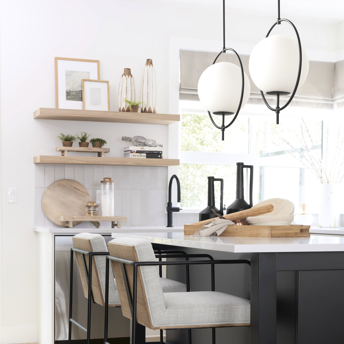 Farrah Frosted Glass Globe set in Matte Black Metal Pendant Ceiling Light, by Mercana, 17.71" length x 11.81" width x 45.27" height View 2
