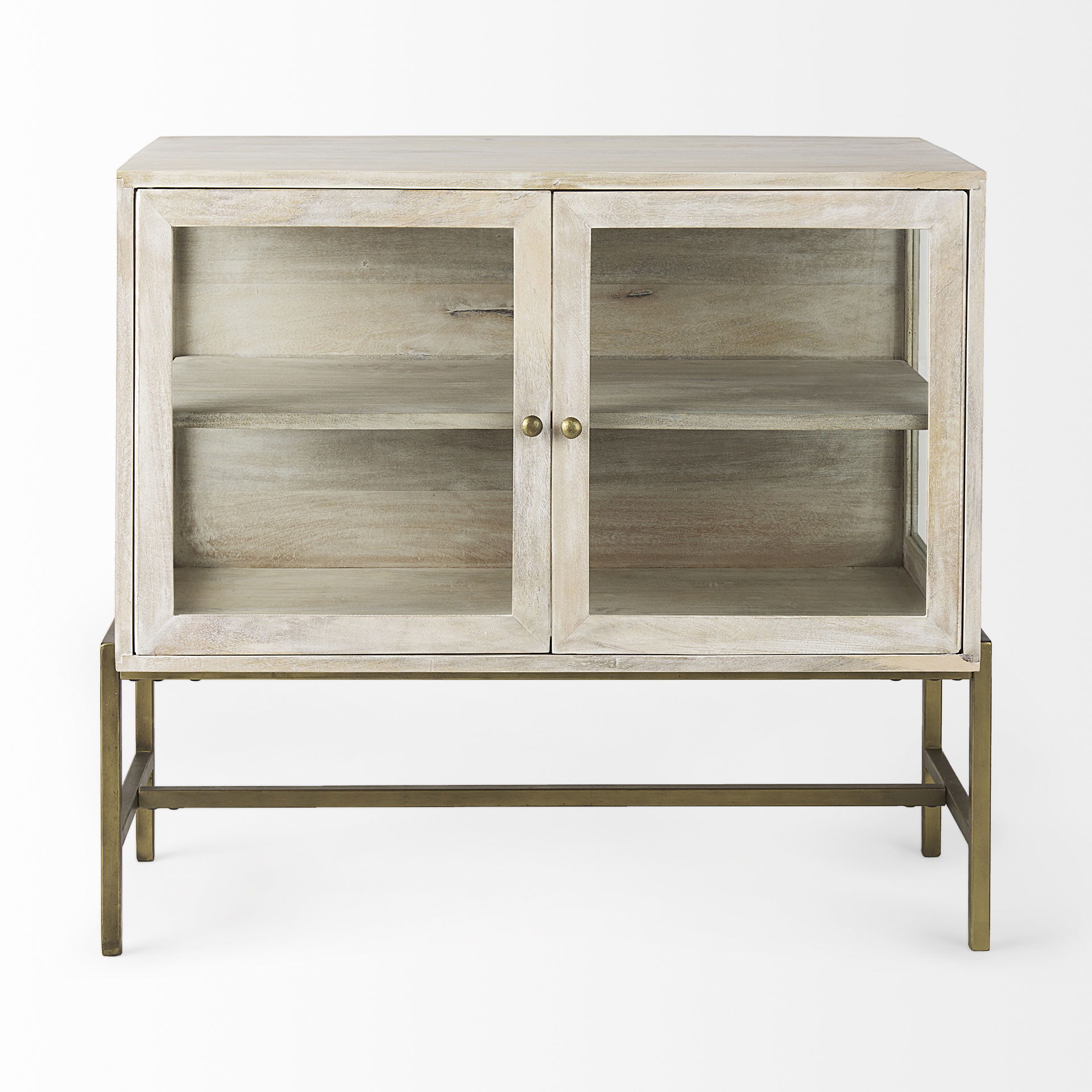 Arelius 36L x 18W x 32H White Wood, Gold Metal Base with 2 Glass Doors Accent Cabinet, Cabinets & Chest by Mercana, 36" length x 18.75" width x 32" height View 4