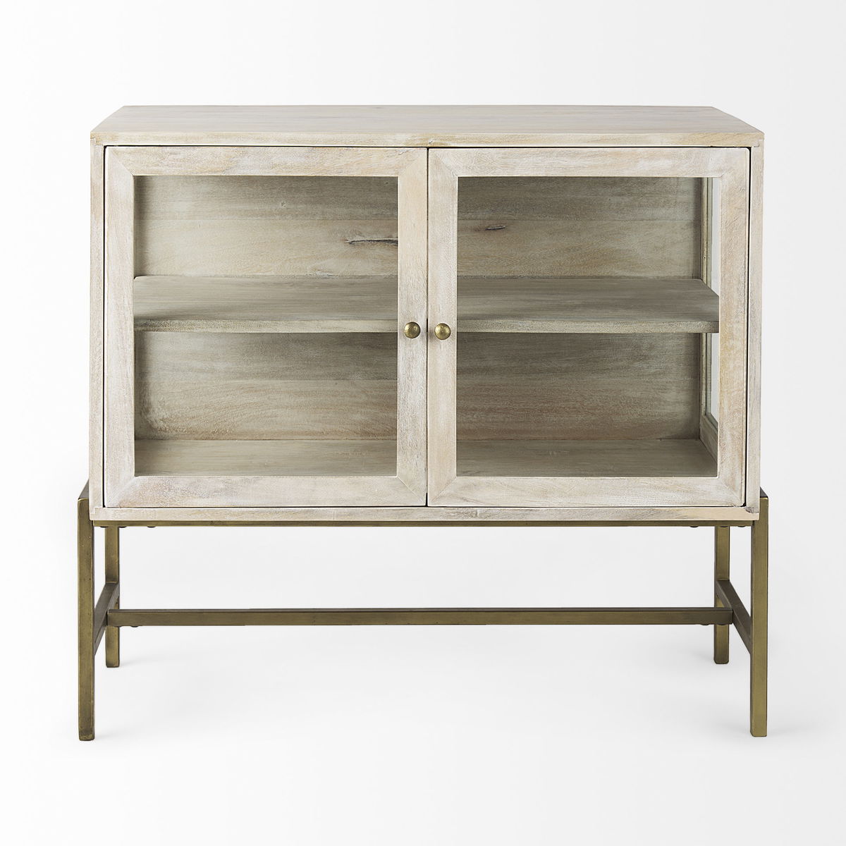 Arelius 36L x 18W x 32H White Wood, Gold Metal Base with 2 Glass Doors Accent Cabinet, Cabinets & Chest by Mercana, 36" length x 18.75" width x 32" height View 5