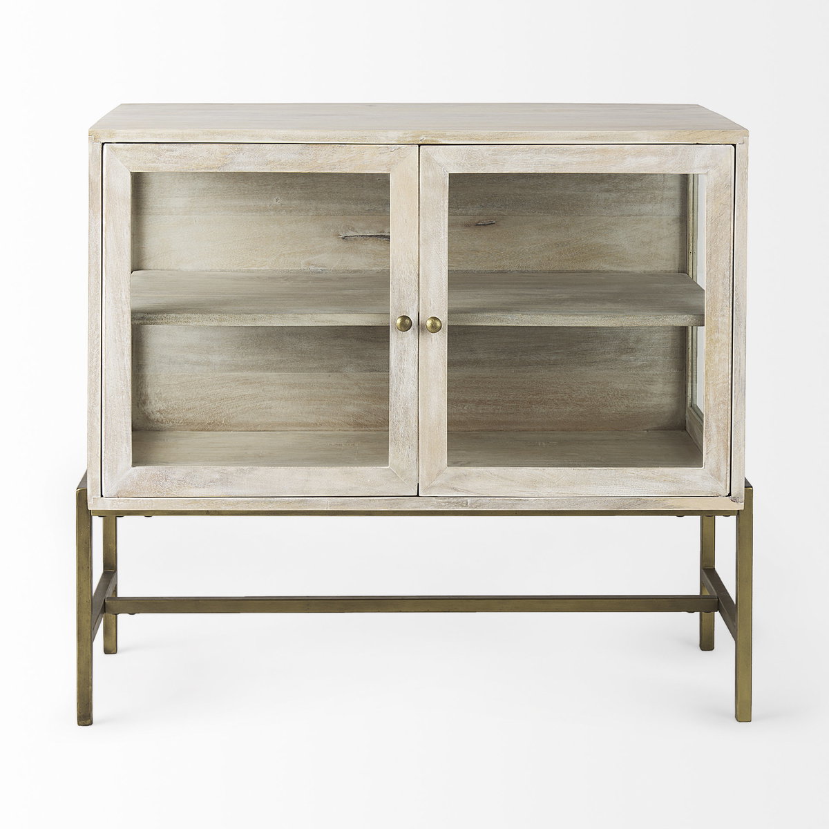 Arelius 36L x 18W x 32H White Wood, Gold Metal Base with 2 Glass Doors Accent Cabinet, Cabinets & Chest by Mercana, 36" length x 18.75" width x 32" height View 5