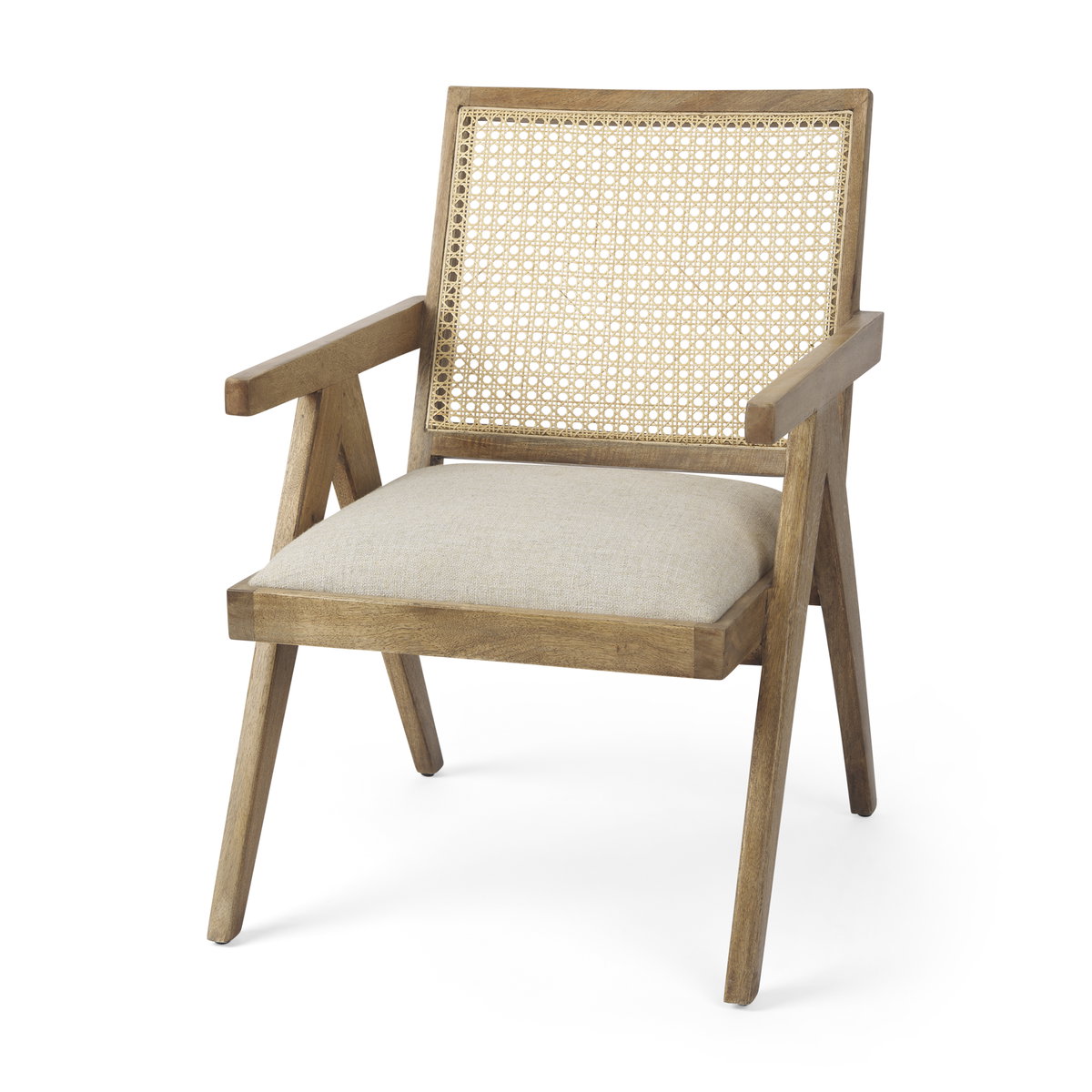 Donna Cane Back Dining Arm Chair | Light Beige Linen with Mango Wood, Dining Chair by Mercana, 21.65" length x 21.65" width x 29.52" height View 1