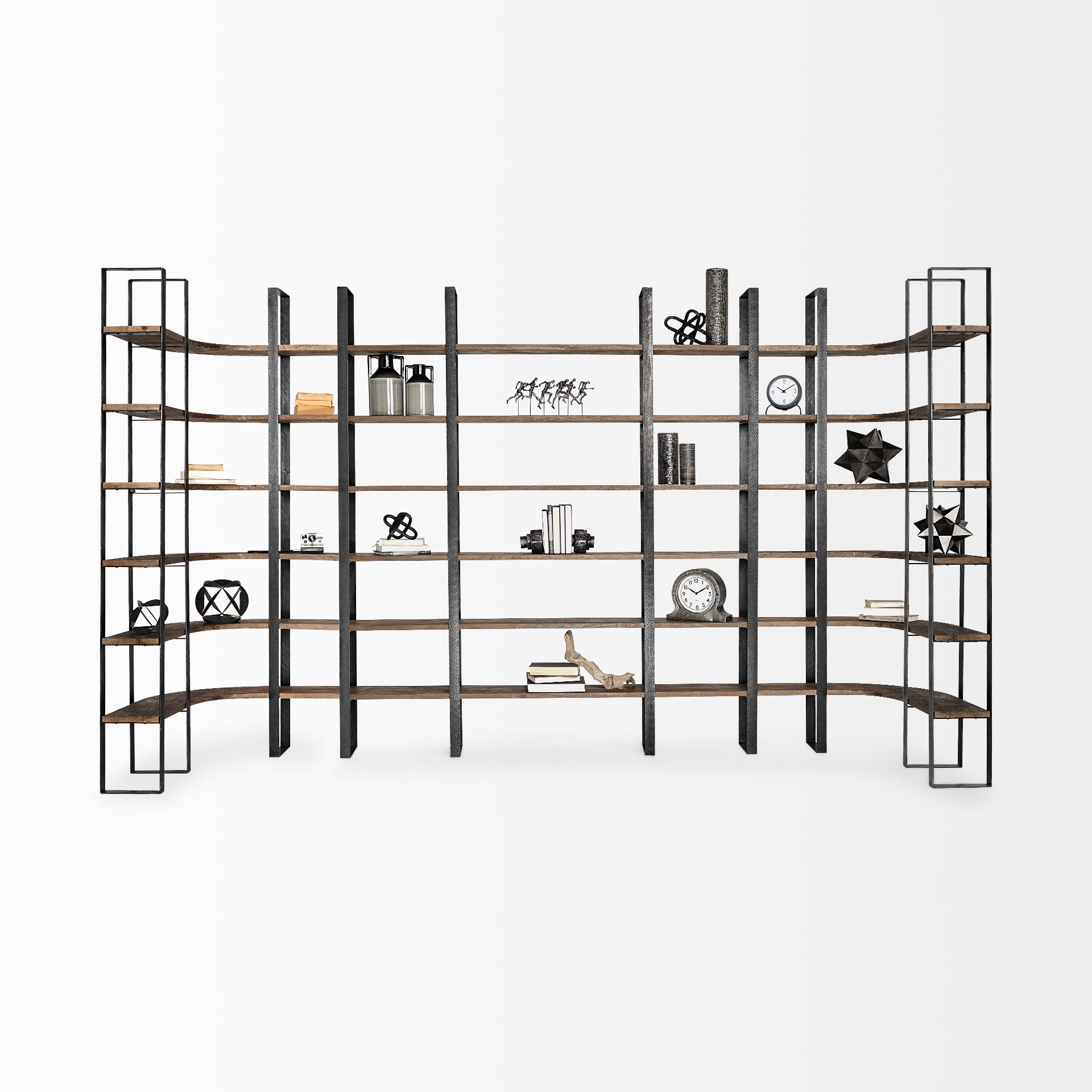 Turner II 37L x 10.5W x 90H Curved Dark Brown Wood And Black Iron Six Shelving Unit, Shelving & Bookcase by Mercana, 36.5" length x 36.5" width x 90" height View 2