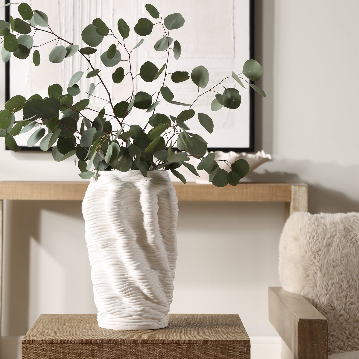 Stratified Matte White Vase, by Uttermost, 9" width x 13.75" height x 9" depth View 2
