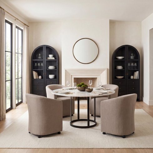 Tanner 48" Round Pedestal Dining Table | Modern | White Marble & Black Metal | Seats 4