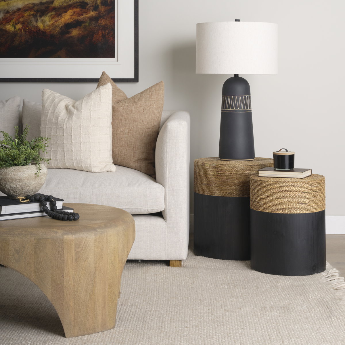 Wenopa Matte Black Wood with Natural Jute Accent Tables, Side & End Table by Mercana, 33.5" length x 18.75" width x 19.75" height View 2