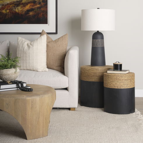 Wenopa Matte Black Wood with Natural Jute Accent Tables