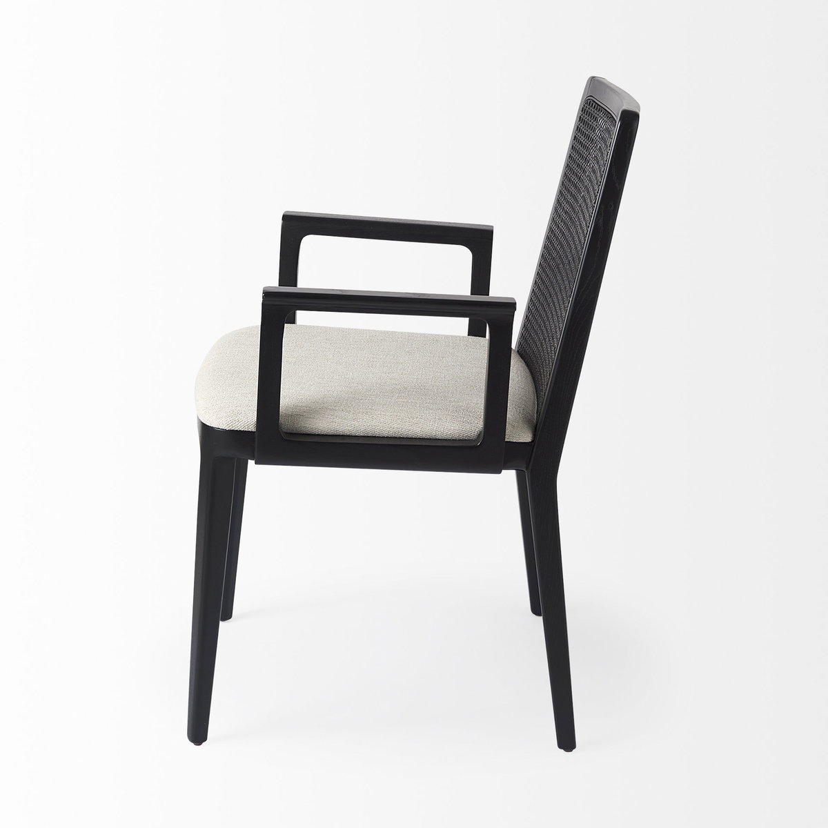 Clara Cane Back Dining Arm Chair | Cream Fabric with Black Wood, Dining Chair by Mercana, 22.5" length x 23.5" width x 33.75" height View 7