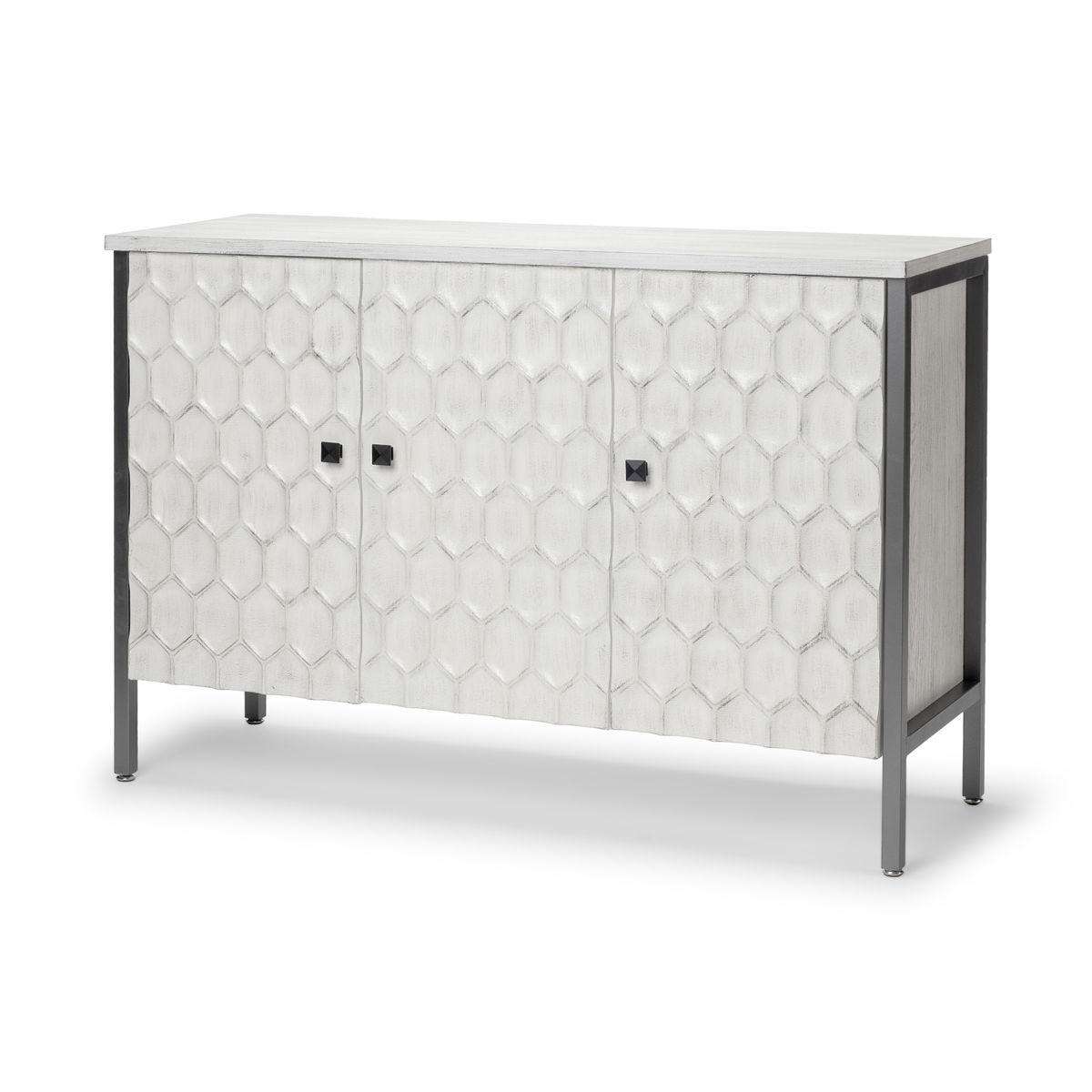 Savannah White Fir Veneer & Gray Metal 3-Door Accent Cabinet, Cabinets & Chest by Mercana, 47.24" length x 15.75" width x 31.5" height View 1