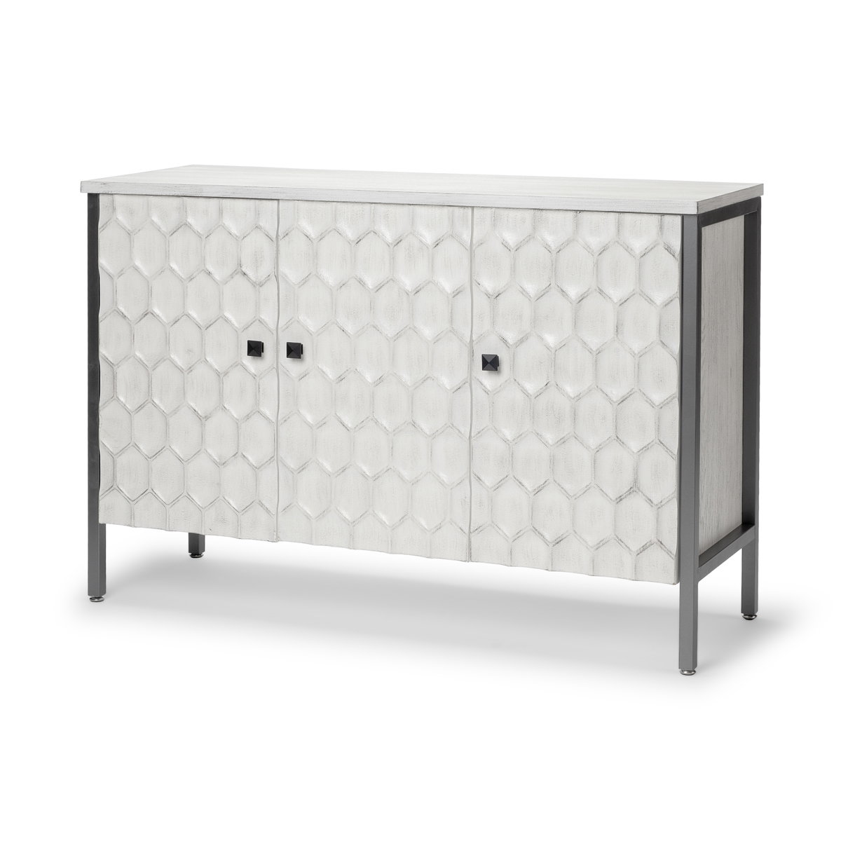 Savannah White Fir Veneer & Gray Metal 3-Door Accent Cabinet, Cabinets & Chest by Mercana, 47.24" length x 15.75" width x 31.5" height View 1