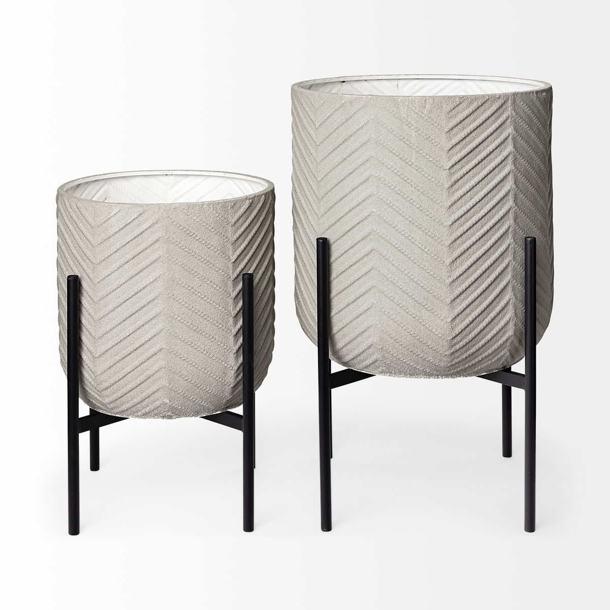 Mabel Set of Two 15.4 x 24.8 Eggshell Metal Top with Black Iron Base Plant Stands, Planter by Mercana, 15.35" length x 15.35" width x 24.8" height View 3