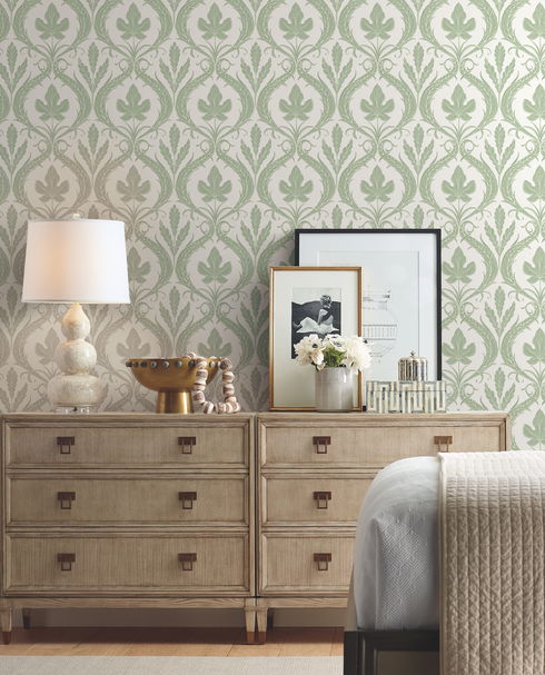 Adirondack Damask Green & White Wallpaper