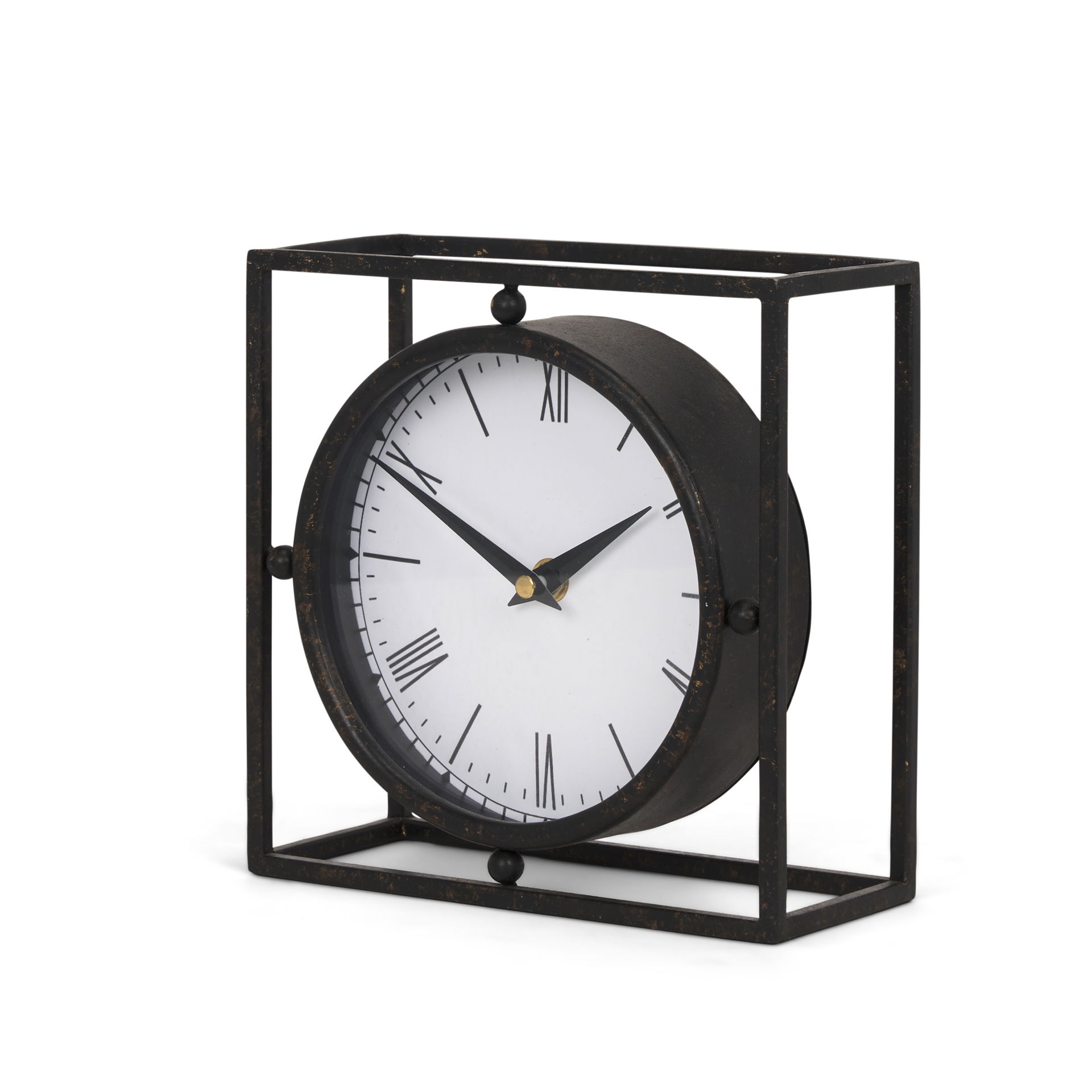 Raisa Black with Gold Antiquing Metal Table Clock, by Mercana, 3.05" length x 1.28" width x 3.05" height View 1