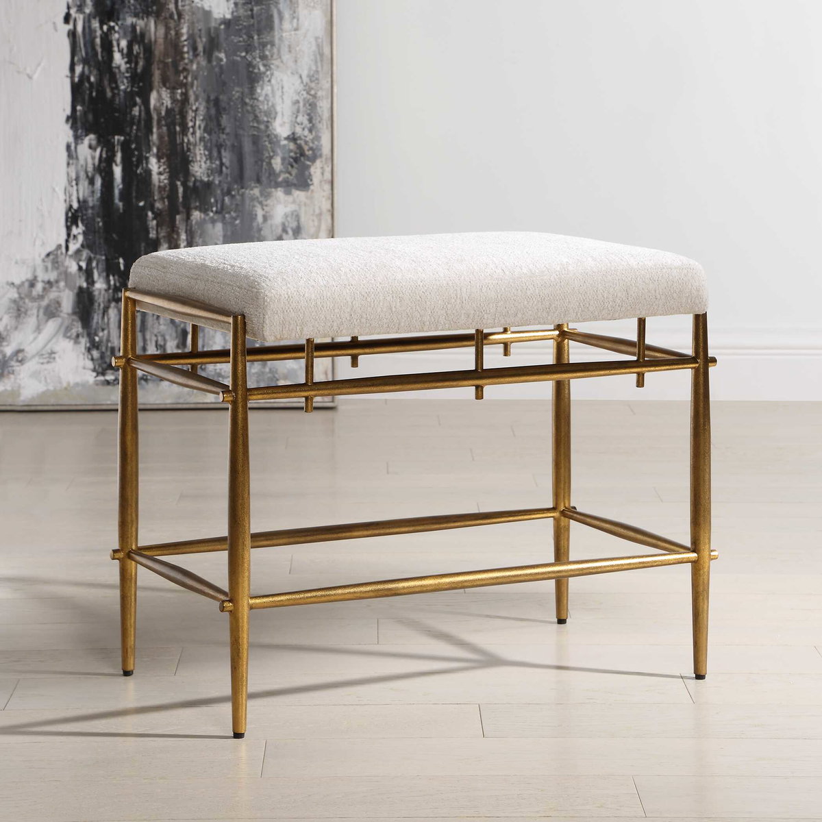 Karleen Plush White Small Brass Bench, Benche by Uttermost, 25.75" width x 21" height x 15" depth View 2