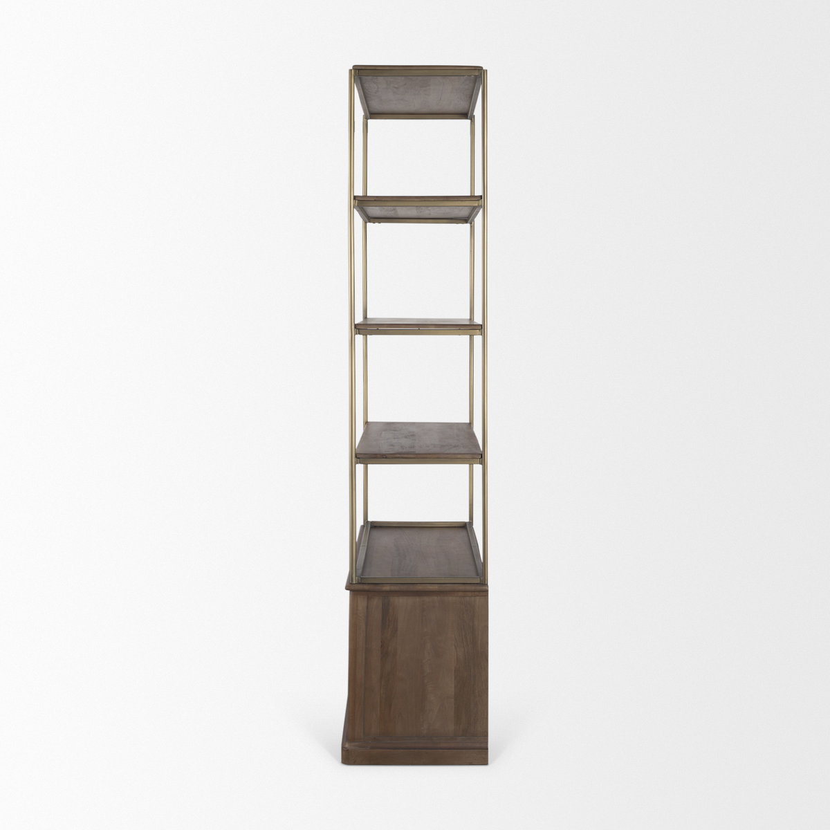 Baron Dark Brown Wood with Antiqued Aged Brass Metal 2-Door Open Shelving Unit, Shelving & Bookcase by Mercana, 41.75" length x 19" width x 90" height View 5