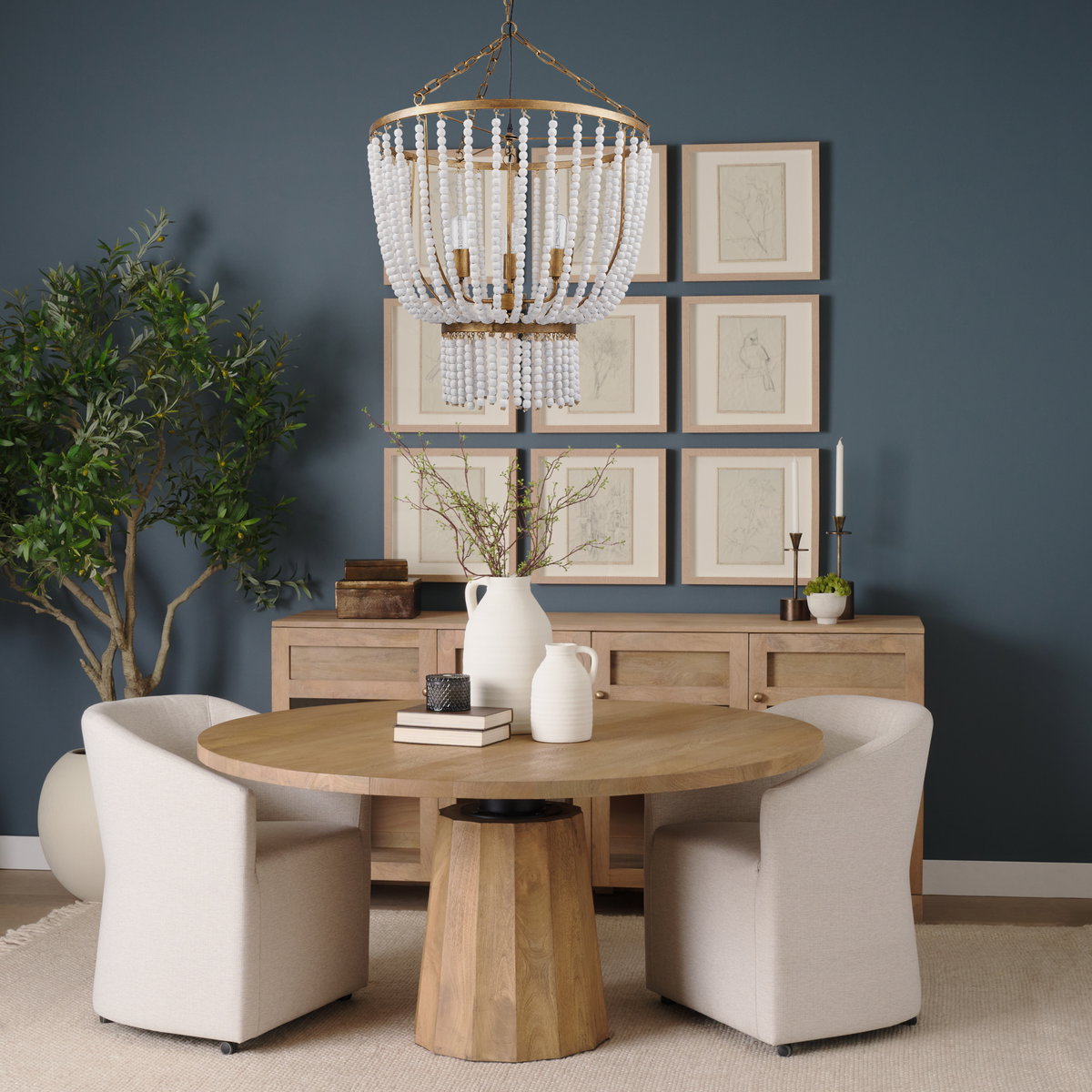 Rhone Gold Metal and Wood Beaded Chandelier, by Mercana, 26.38" length x 26.38" width x 88.58" height View 2