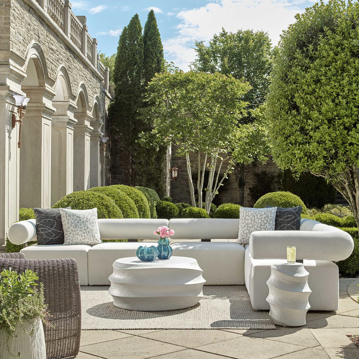 Bolster Back White Armless Outdoor Sofa, by Uttermost, 3' width x 2'5.25" height x 3' depth View 2