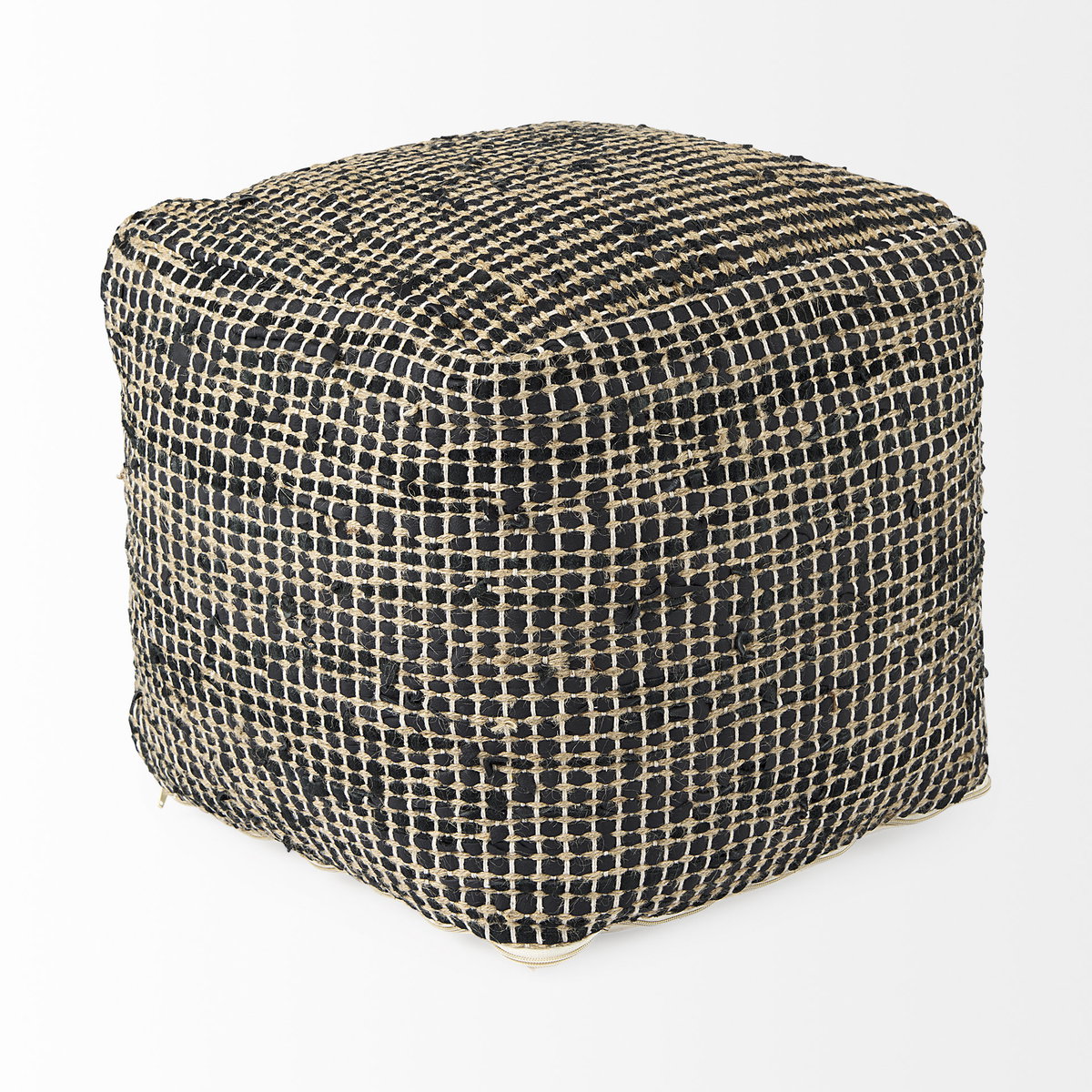 Aalia  Charcoal Leather and Jute Pouf, Ottoman by Mercana, 16" length x 16" width x 16" height View 4