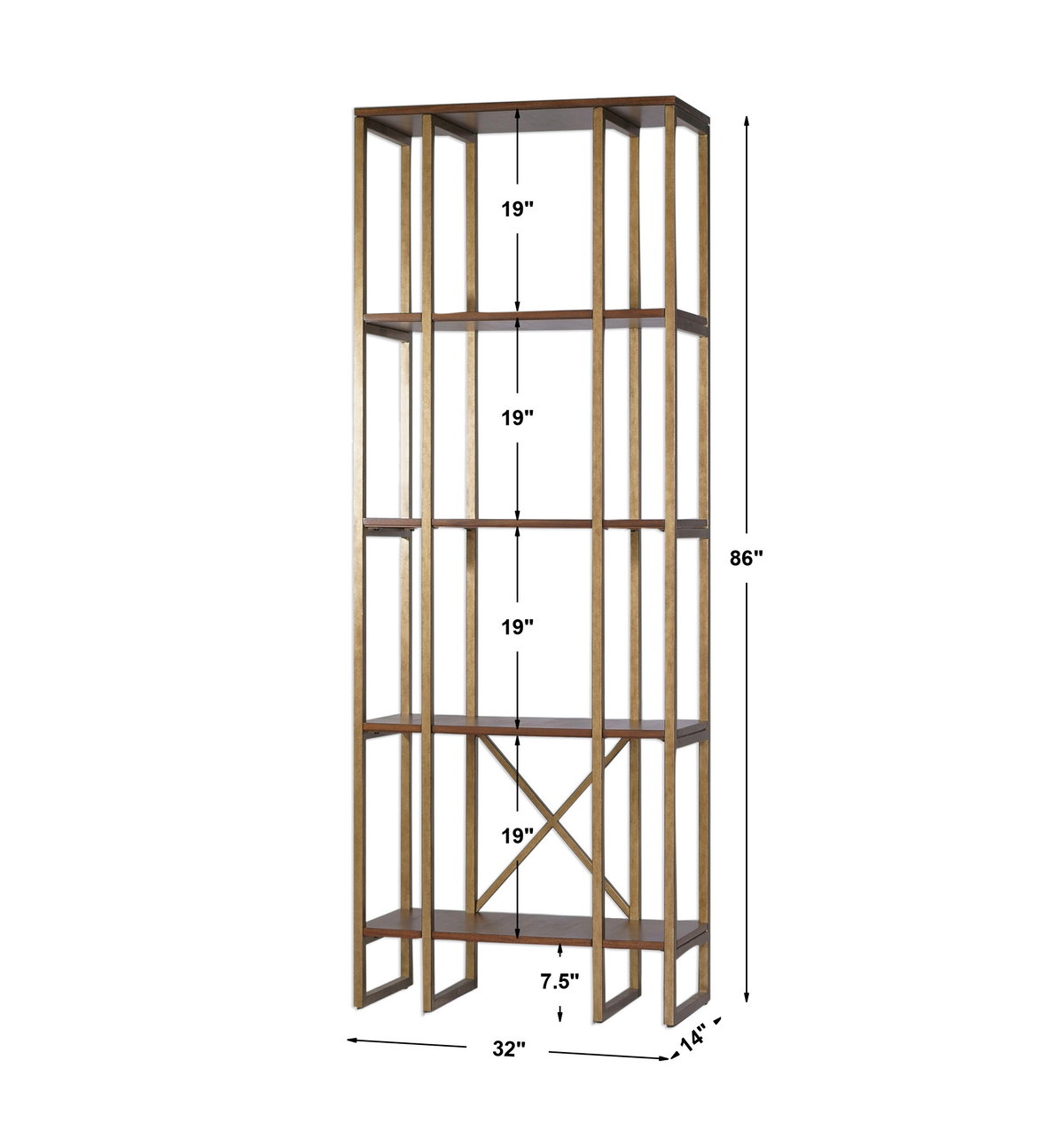 Karishma Antique Gold Etagere, Shelving & Bookcase by Uttermost, 32" width x 89" height x 14" depth View 3