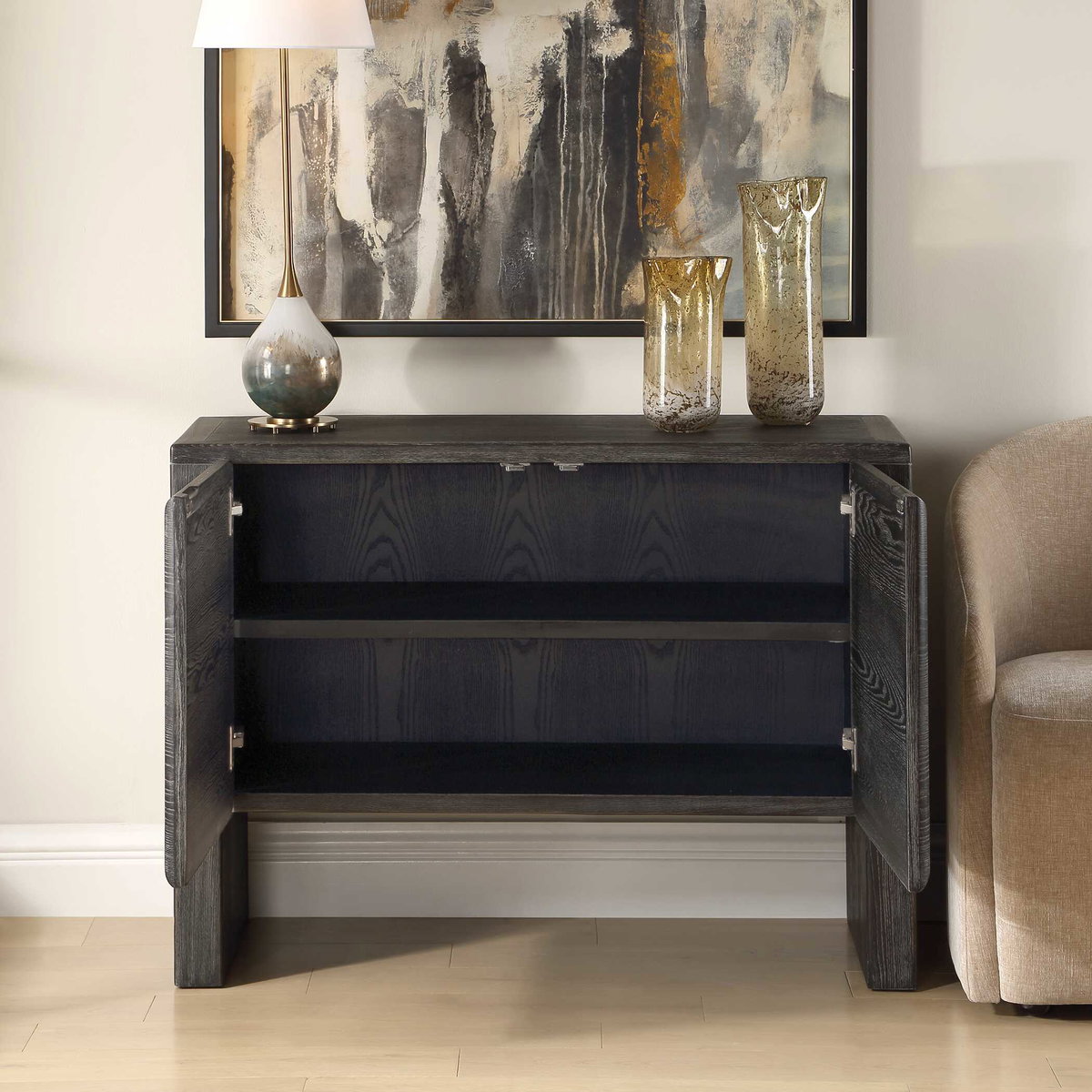 Bierk Dark Stain 2 Door Cabinet, Cabinets & Chest by Uttermost, 43.62" width x 32.15" height x 17.25" depth View 3
