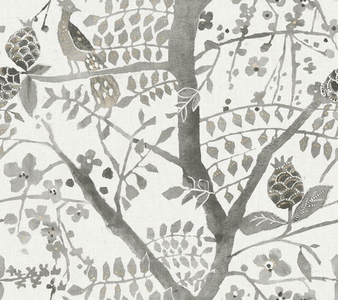 Peacock Block Print Grey Wallpaper