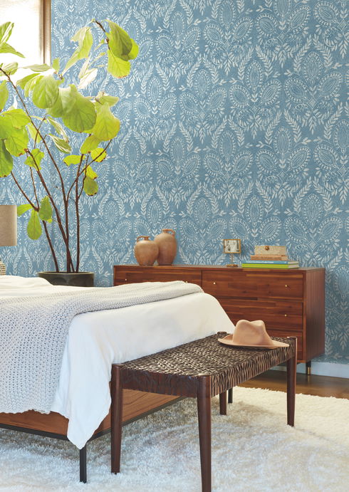 Laurel Damask Blue Wallpaper