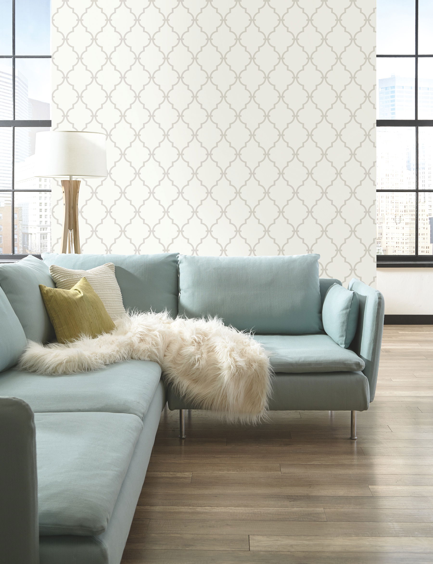 Graphic Trellis White & Soft Grey Wallpaper large image 
