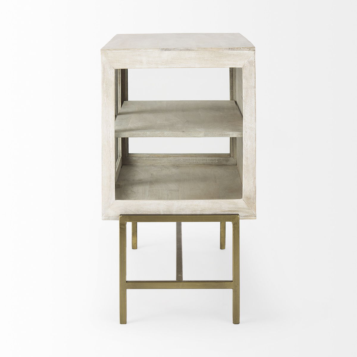 Arelius 36L x 18W x 32H White Wood, Gold Metal Base with 2 Glass Doors Accent Cabinet, Cabinets & Chest by Mercana, 36" length x 18.75" width x 32" height View 6