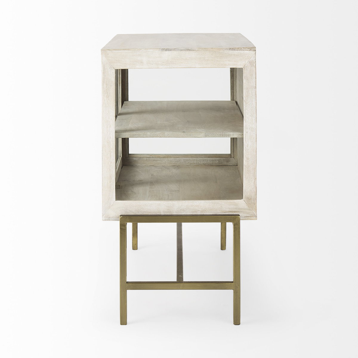 Arelius 36L x 18W x 32H White Wood, Gold Metal Base with 2 Glass Doors Accent Cabinet, Cabinets & Chest by Mercana, 36" length x 18.75" width x 32" height View 6