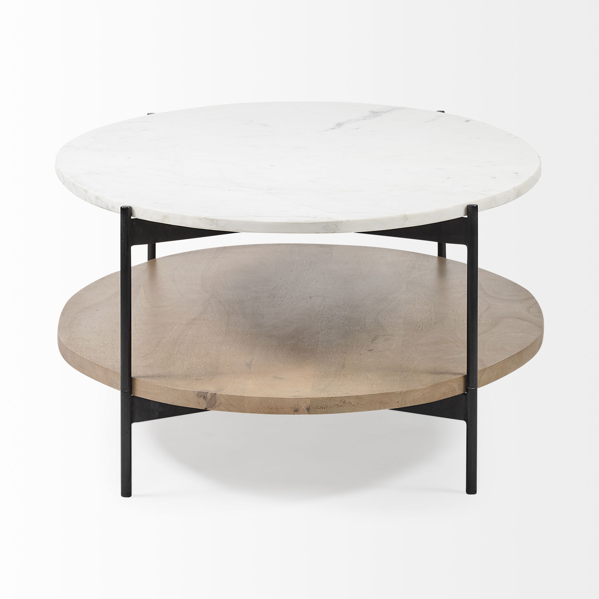 Larkin 48' Oval White Marble Top and Solid Wood Shelf with Black Metal Frame Coffee Table, by Mercana, 48" length x 30" width x 16" height View 9