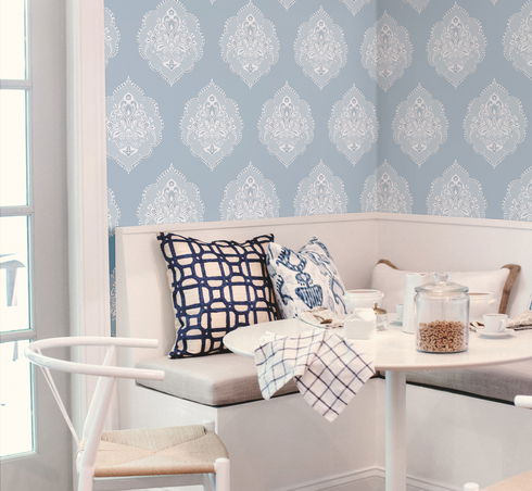 Signet Medallion Damask Blue Wallpaper