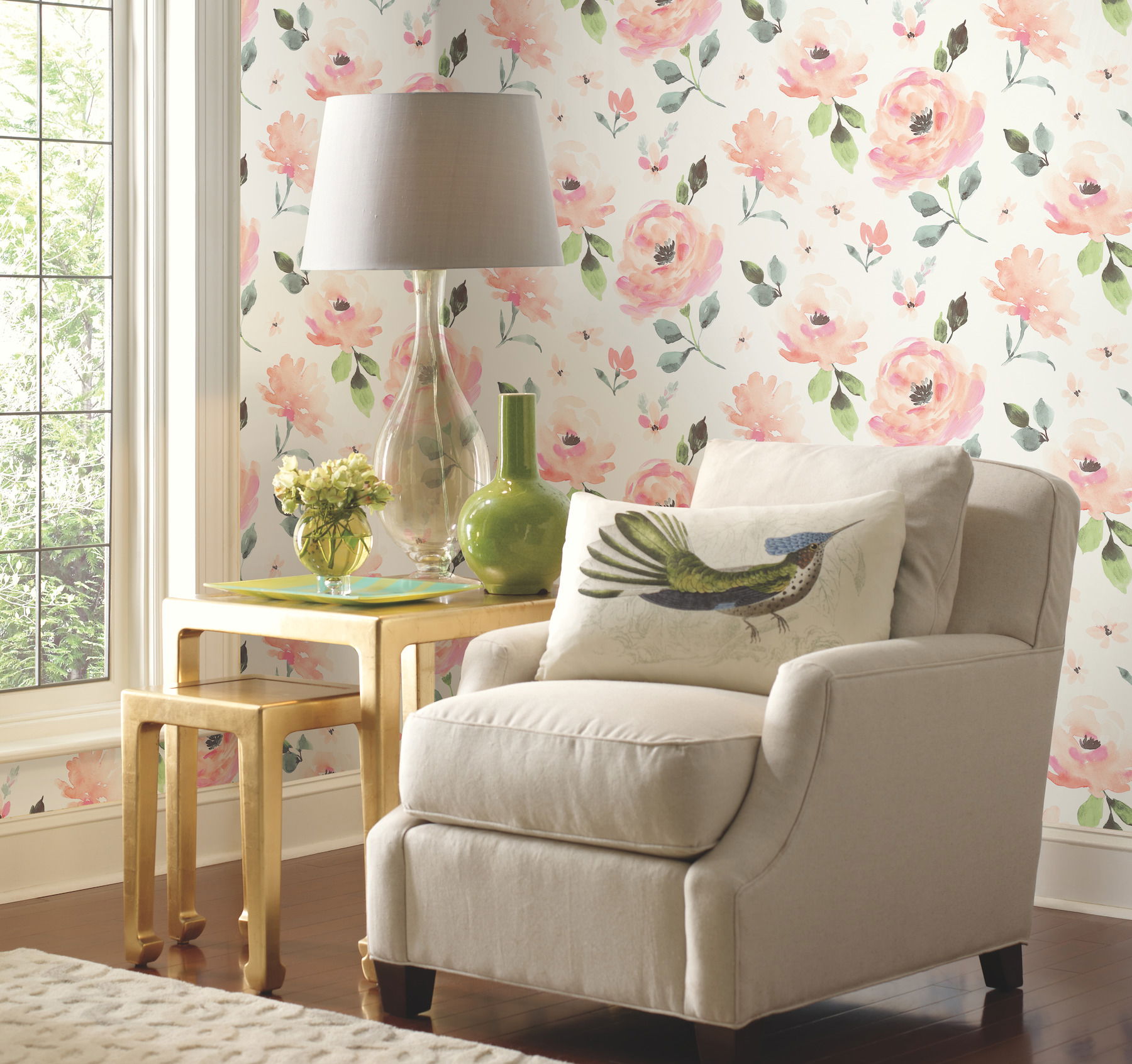 Watercolor Blooms Coral Peel & Stick Wallpaper large image 
