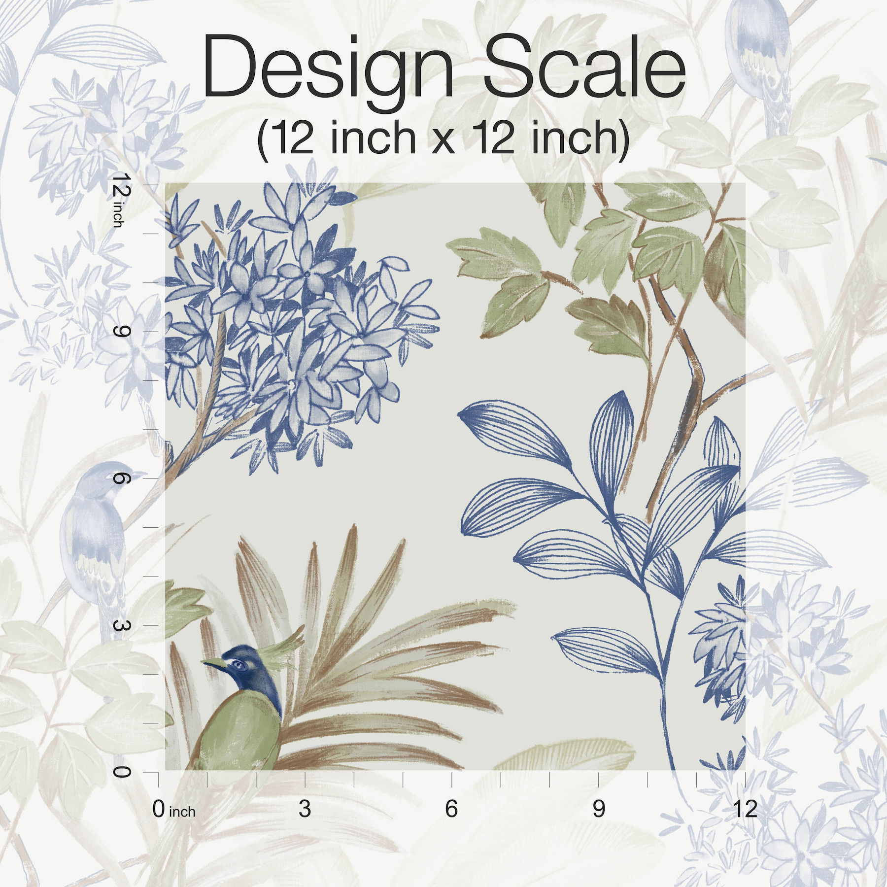 Handpainted Songbird Green & Blue Peel & Stick Wallpaper large image 