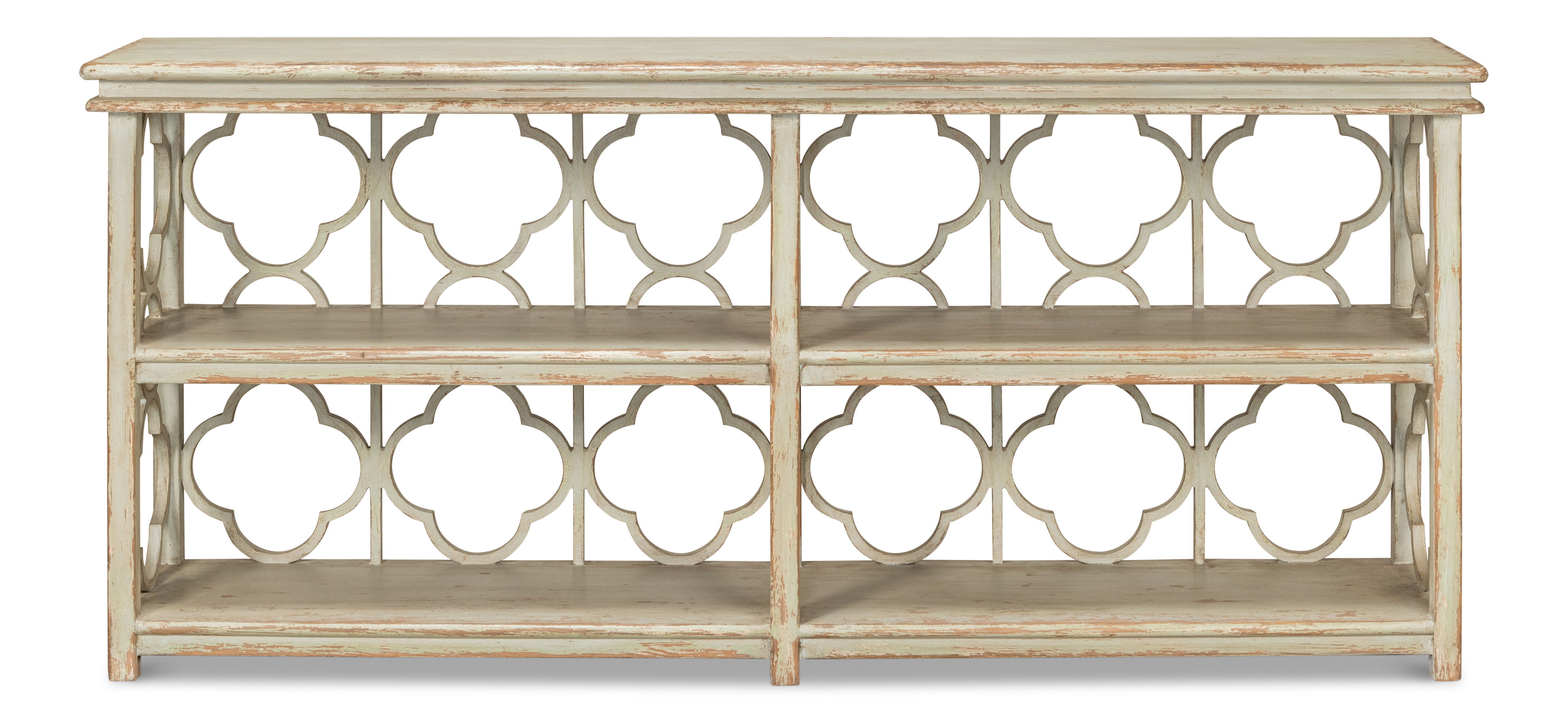 Quatrefoil Bookshelf Console Table, Shelving & Bookcase by Sarreid, 78" length x 16" width x 35" height View 2
